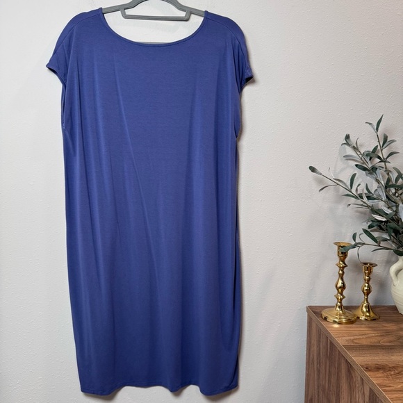 Eileen Fisher Size Large Blue Bateau Neck Knee Length Swing Dress Soft Stretch - Picture 1 of 5
